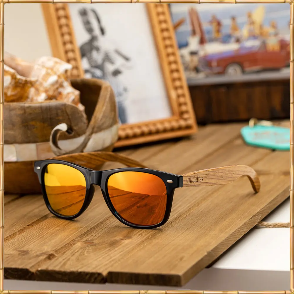 Zebra Wood Sunglasses With Red Mirror Polarized Lens - Image 6